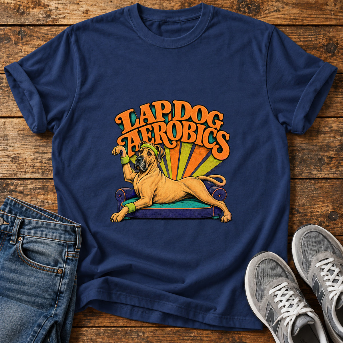 Lap Dog Aerobics Great Dane graphic T-shirt in Navy, shown on a flat-lay shirt mockup