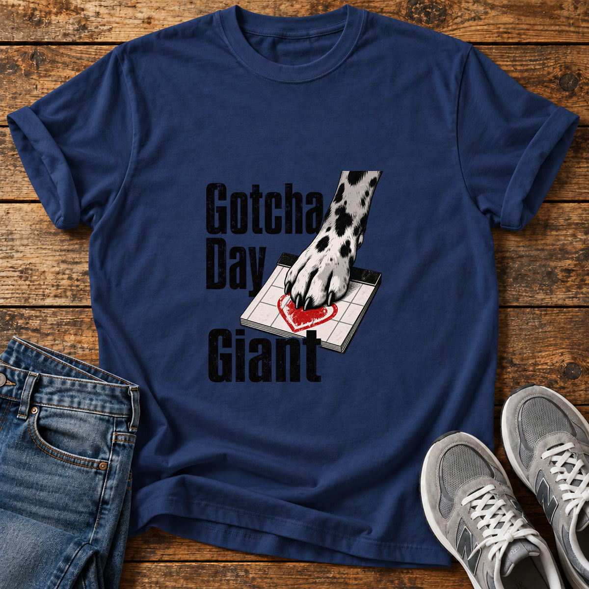 Gotcha Day Giant Great Dane graphic T-shirt in Navy, shown on a flat-lay shirt mockup