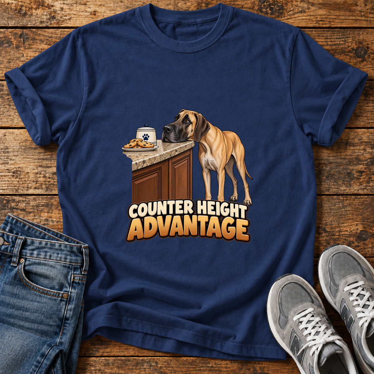 Counter Height Advantage Great Dane graphic T-shirt in Navy, shown on a flat-lay shirt mockup