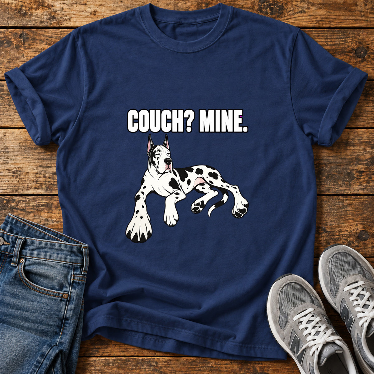 Couch Mine Great Dane graphic T-shirt in Navy, shown on a flat-lay shirt mockup