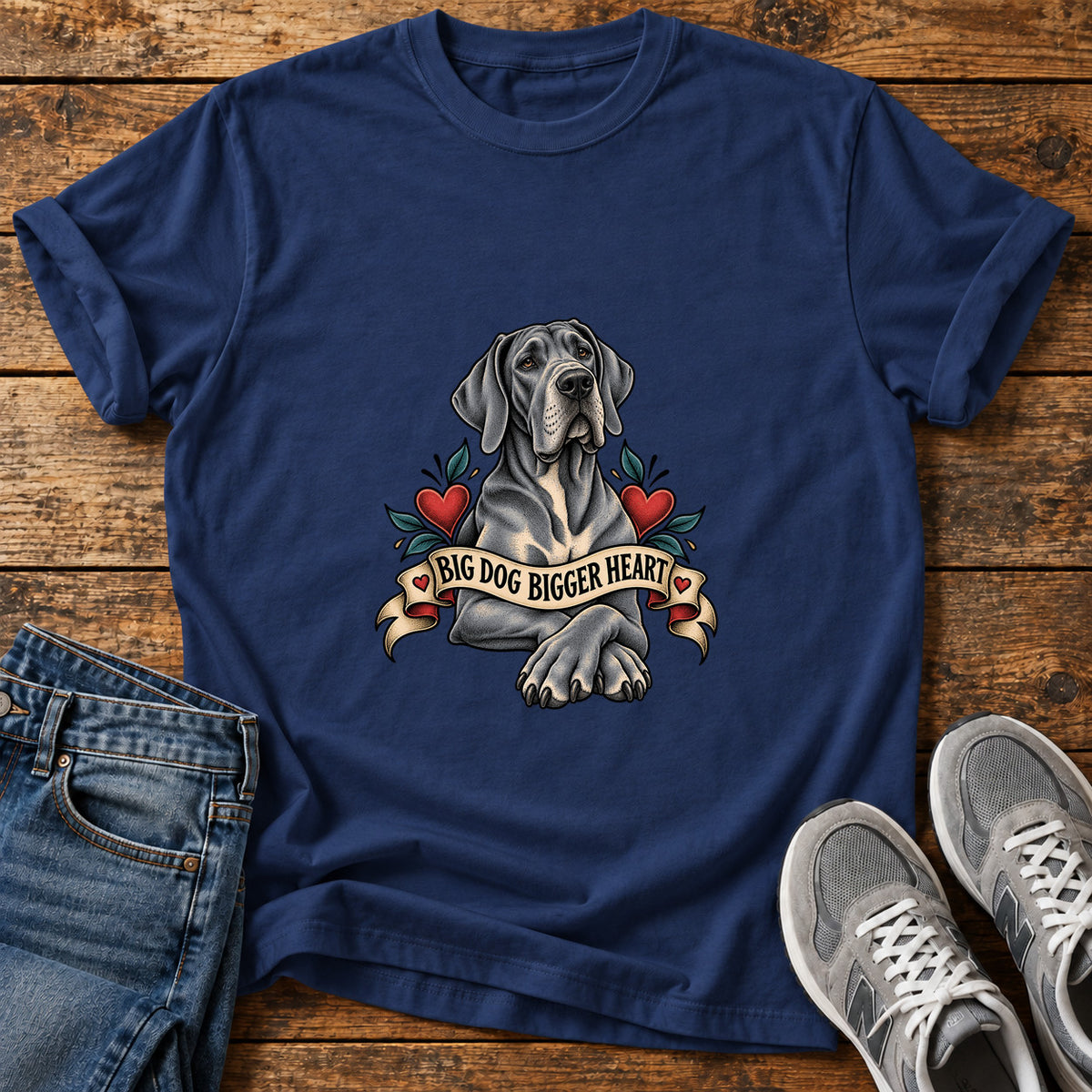 Big Dog Heart Great Dane graphic T-shirt in Navy, shown on a flat-lay shirt mockup