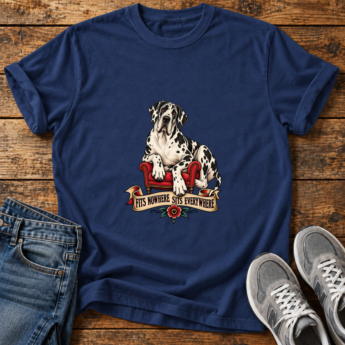 Sits Everywhere Great Dane graphic T-shirt in Navy, shown on a flat-lay shirt mockup