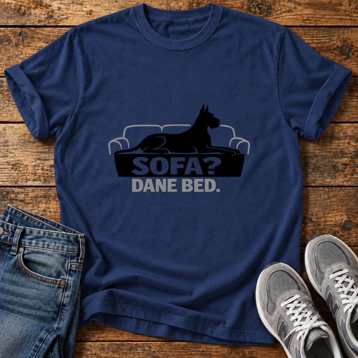 Sofa Dane Bed Great Dane graphic T-shirt in Navy, shown on a flat-lay shirt mockup