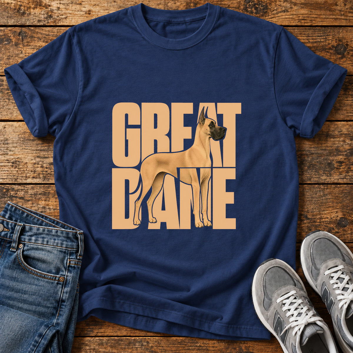 Great Dane graphic T-shirt in Navy, shown on a flat-lay shirt mockup