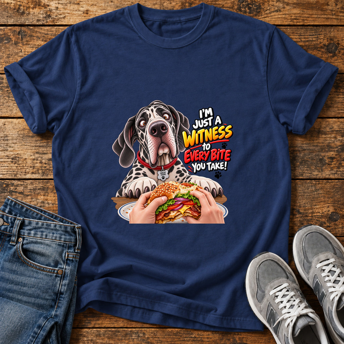 Witness Every Bite Great Dane graphic T-shirt in Navy, shown on a flat-lay shirt mockup