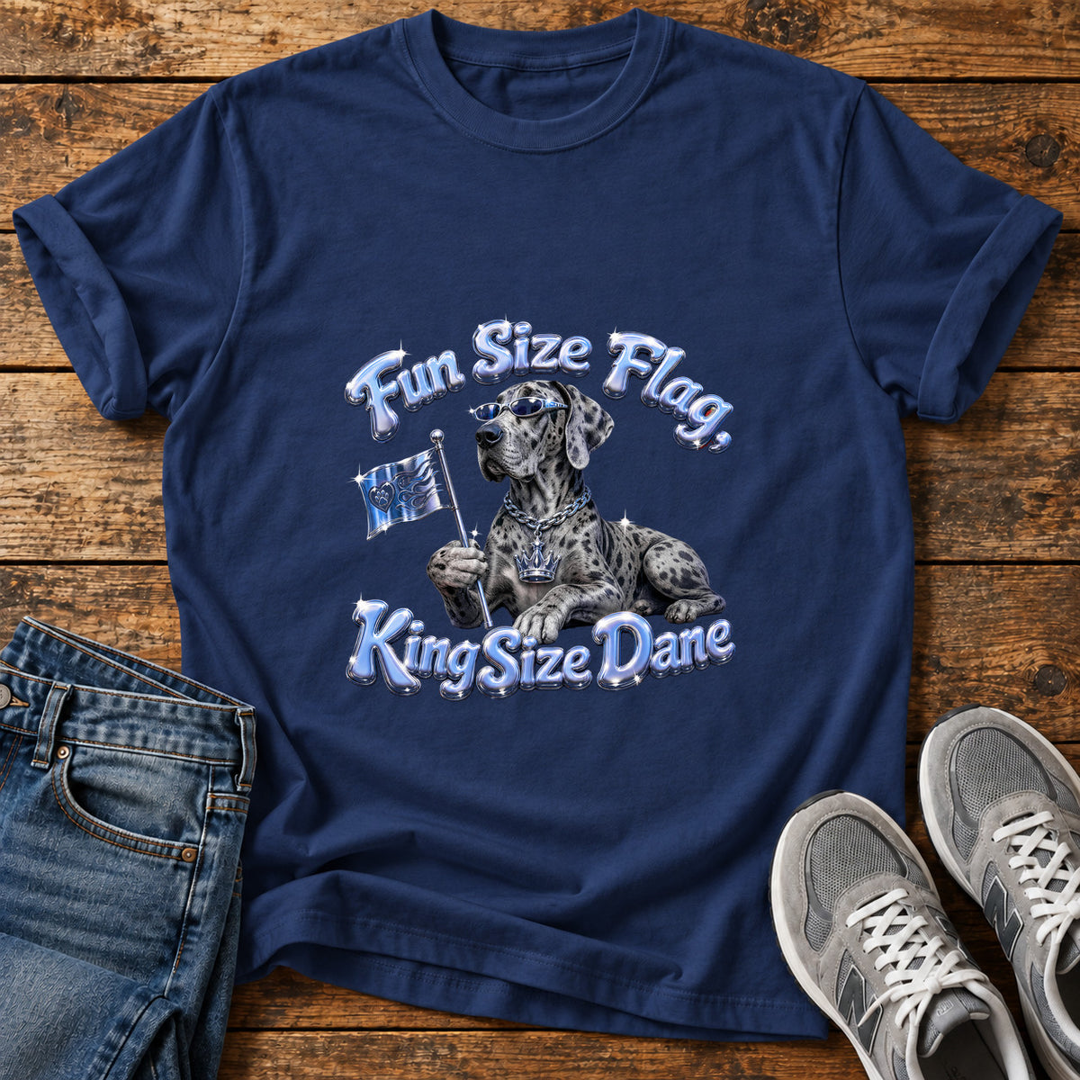 Fun Size Flag Great Dane graphic T-shirt in Navy, shown on a flat-lay shirt mockup