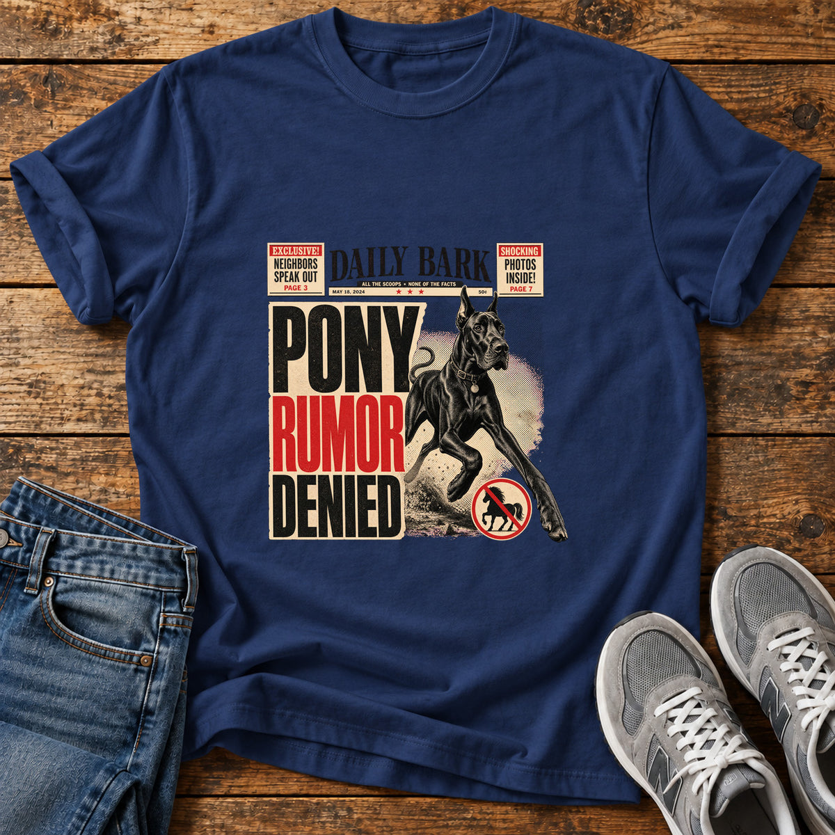 Pony Rumor Great Dane graphic T-shirt in Navy, shown on a flat-lay shirt mockup