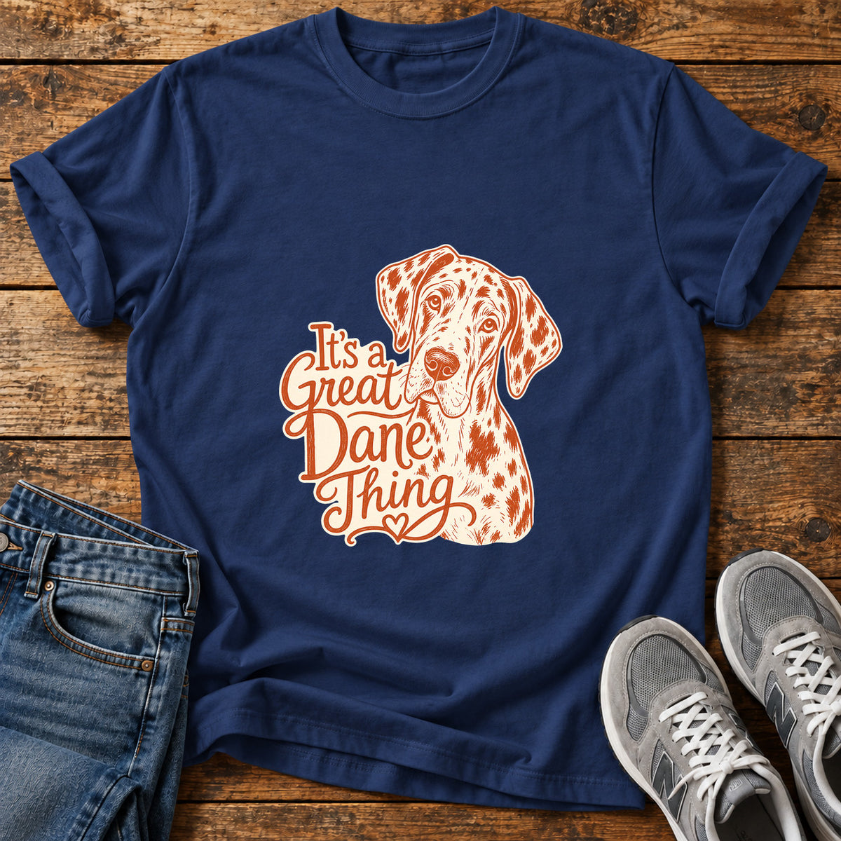 Great Dane Thing graphic T-shirt in Navy, shown on a flat-lay shirt mockup