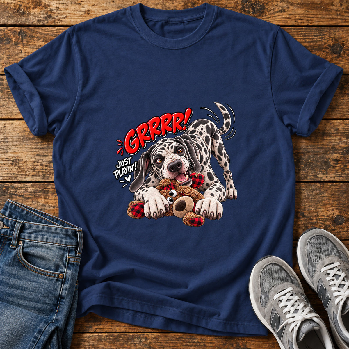 Grrr Just Playin Great Dane graphic T-shirt in Navy, shown on a flat-lay shirt mockup