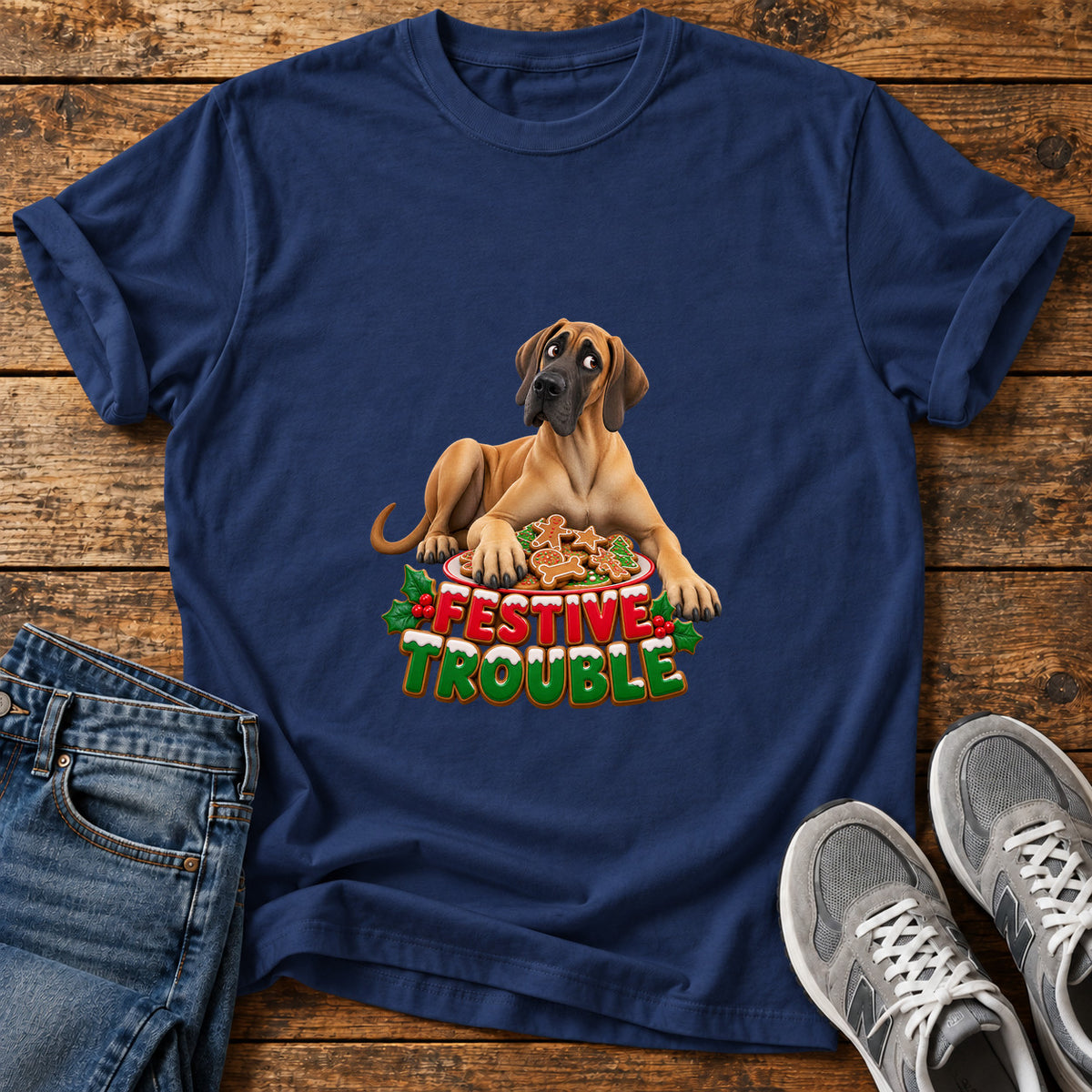 Festive Trouble Great Dane graphic T-shirt in Navy, shown on a flat-lay shirt mockup
