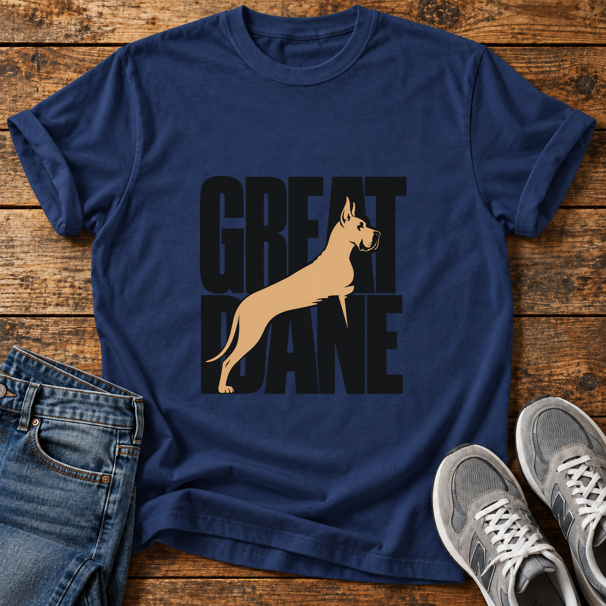 Great Dane Elegance graphic T-shirt in Navy, shown on a flat-lay shirt mockup