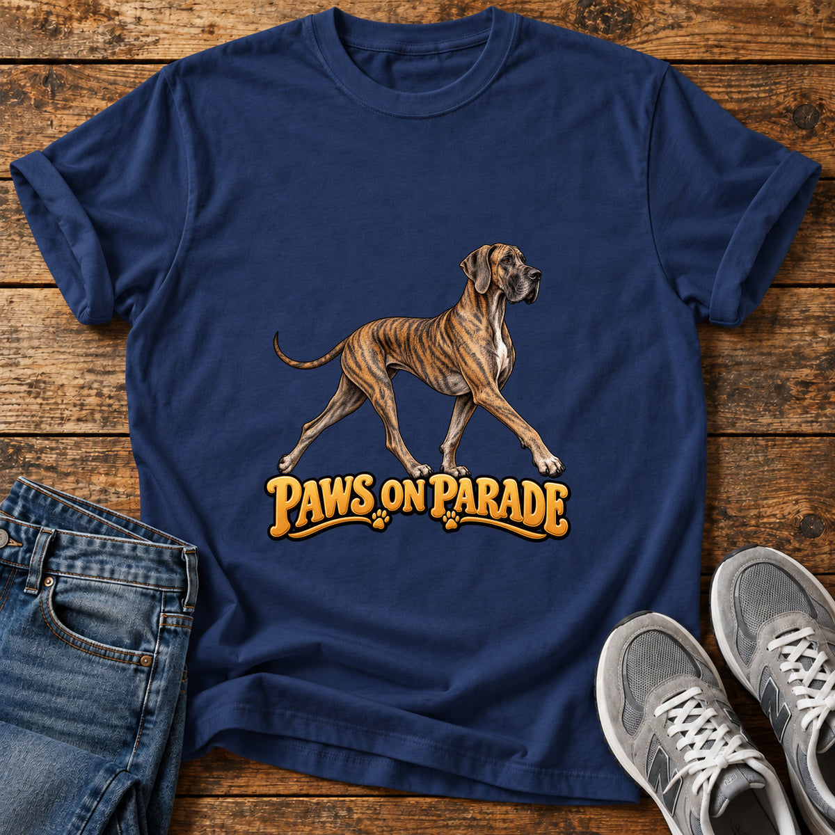 Paws On Parade Great Dane graphic T-shirt in Navy, shown on a flat-lay shirt mockup