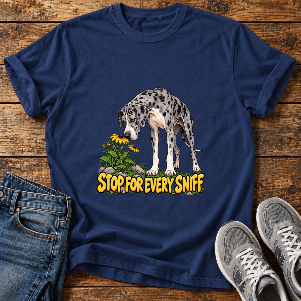Stop Sniffing Time Great Dane graphic T-shirt in Navy, shown on a flat-lay shirt mockup