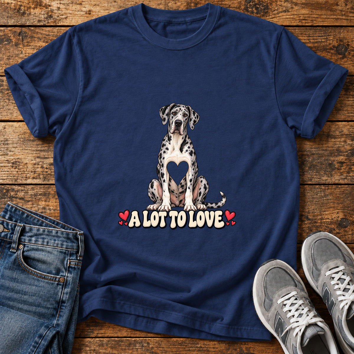 A Lot To Great Dane graphic T-shirt in Navy, shown on a flat-lay shirt mockup