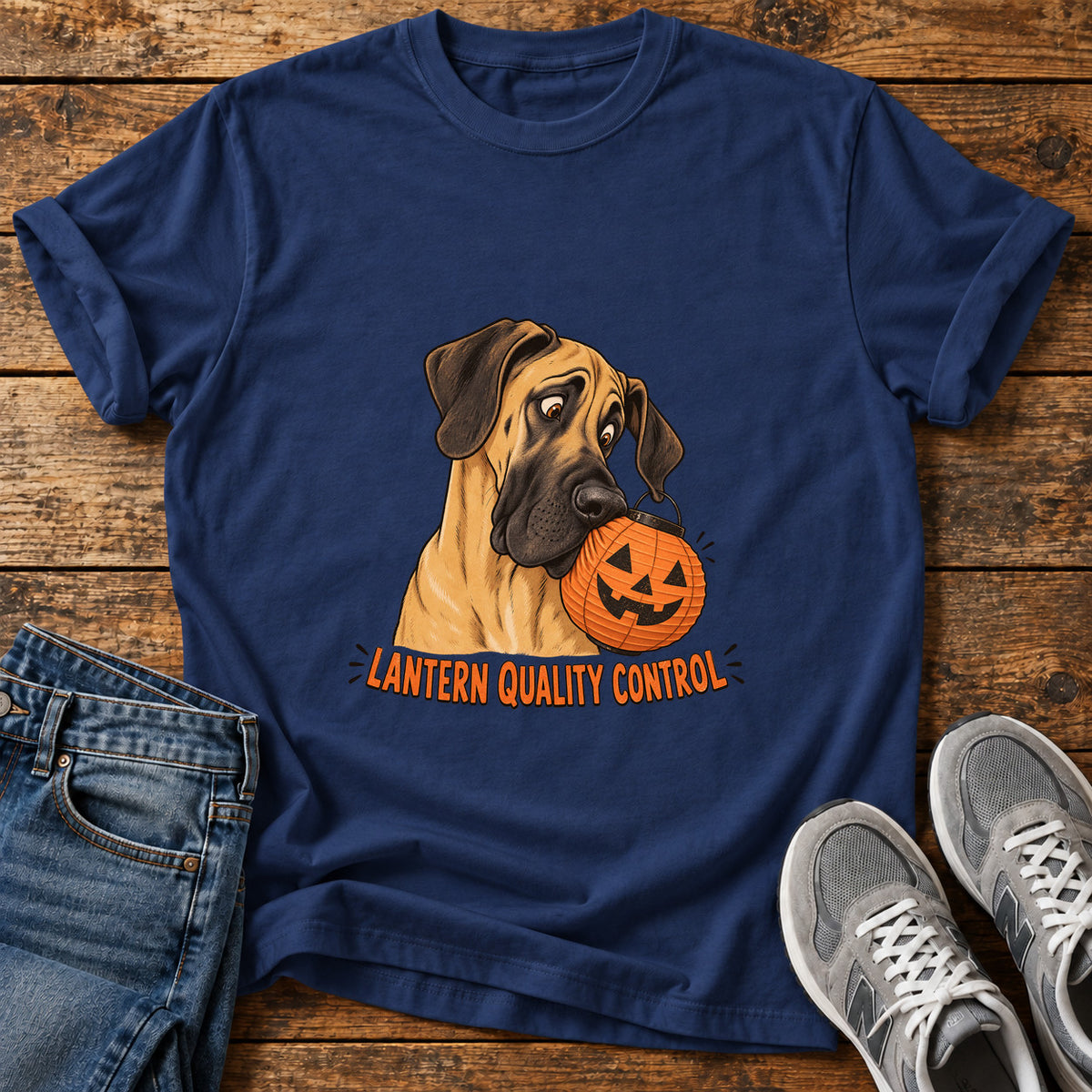 Lantern Quality Control Great Dane graphic T-shirt in Navy, shown on a flat-lay shirt mockup
