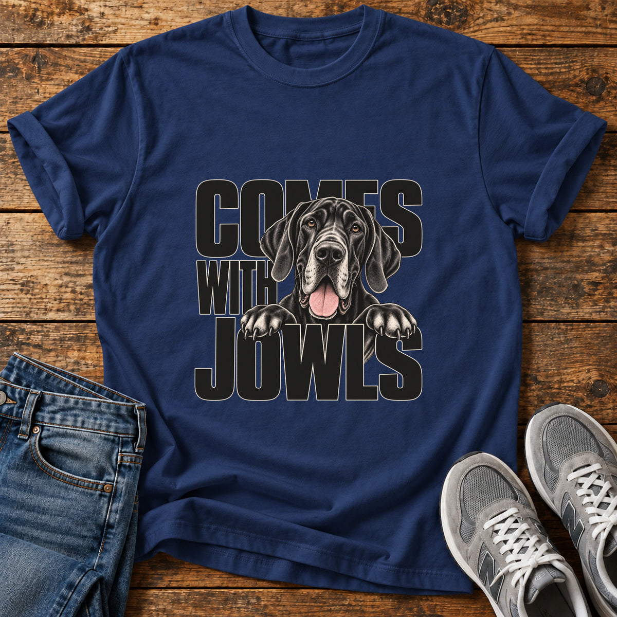 Comes With Jowls Great Dane graphic T-shirt in Navy, shown on a flat-lay shirt mockup