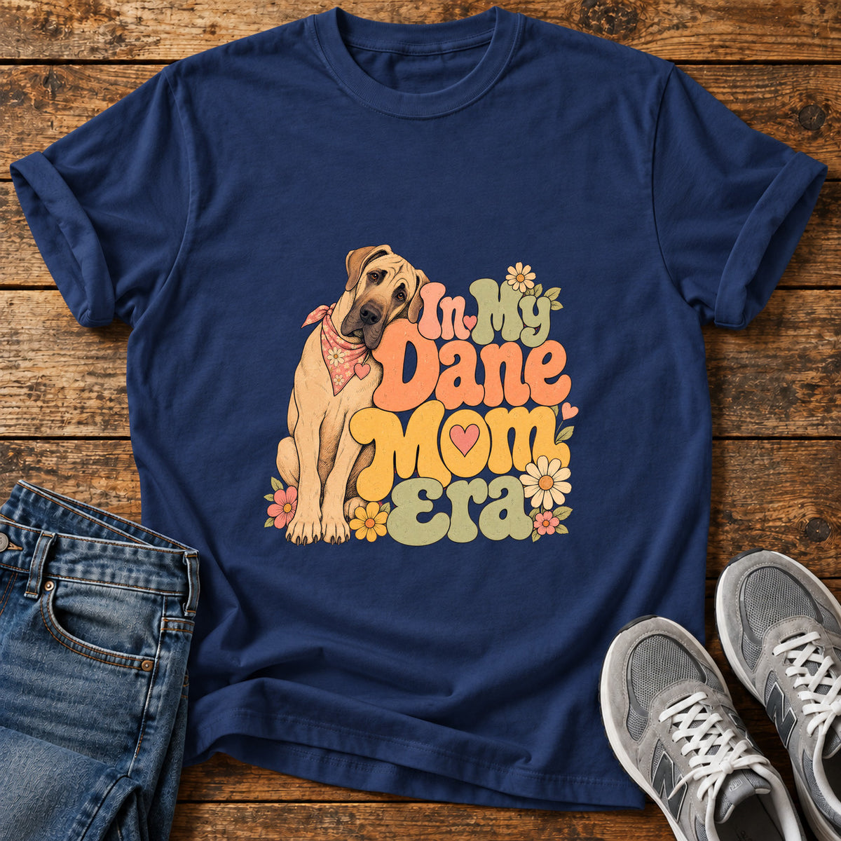 Dane Mom Era Great Dane graphic T-shirt in Navy, shown on a flat-lay shirt mockup