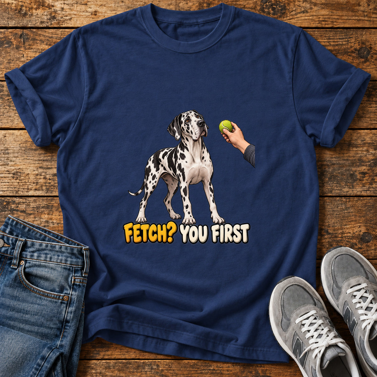 Fetch You First Great Dane graphic T-shirt in Navy, shown on a flat-lay shirt mockup