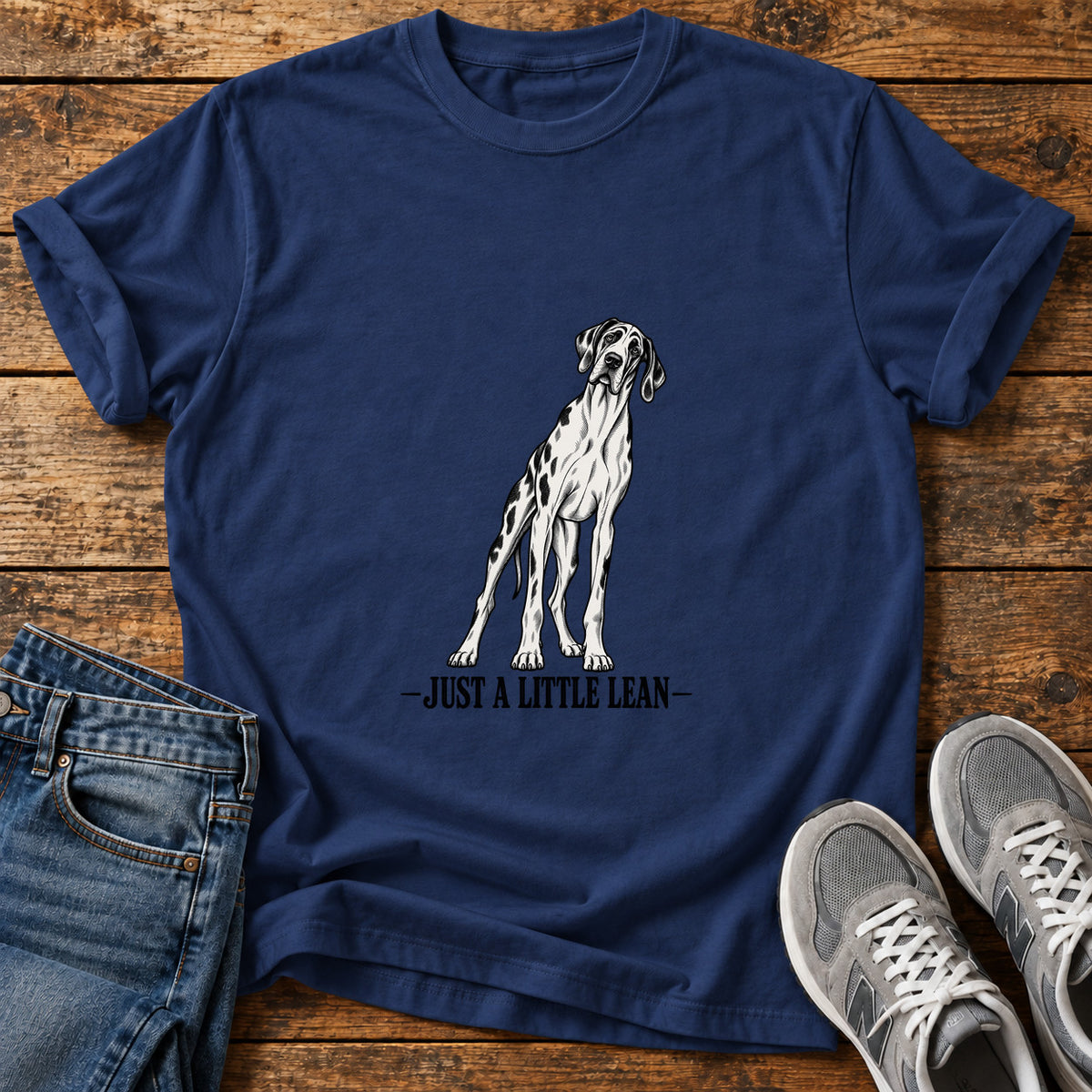 Just A Lean Great Dane graphic T-shirt in Navy, shown on a flat-lay shirt mockup