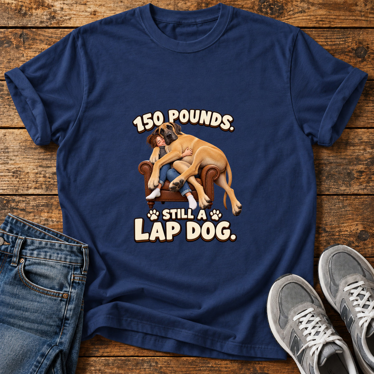 Lap Dog Life Great Dane graphic T-shirt in Navy, shown on a flat-lay shirt mockup