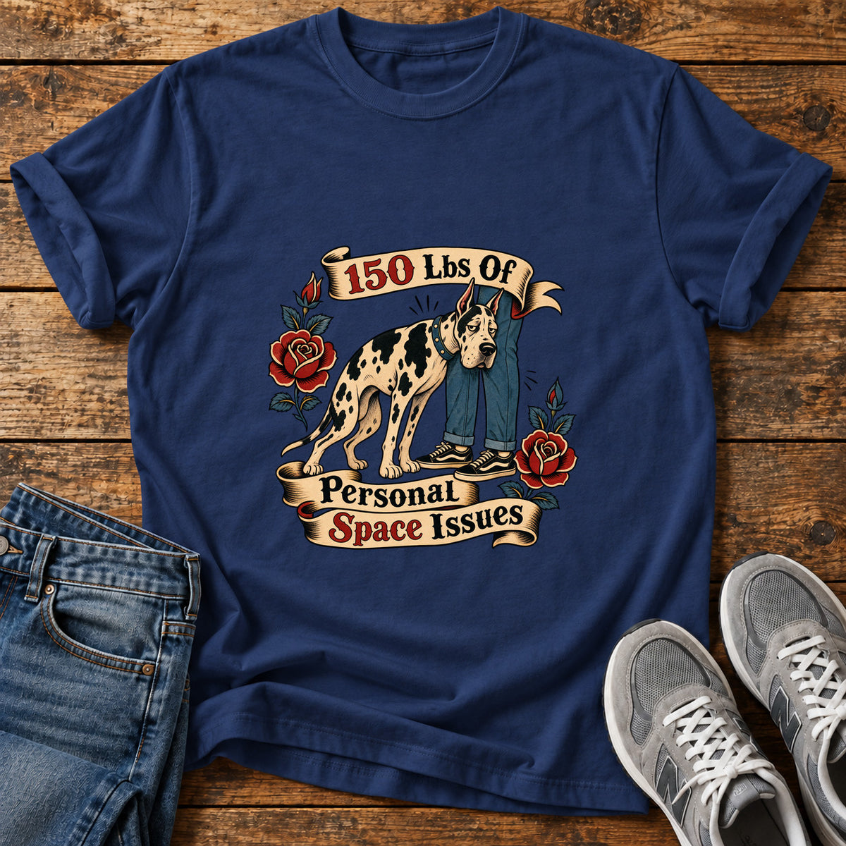 Personal Space Issues Great Dane graphic T-shirt in Navy, shown on a flat-lay shirt mockup