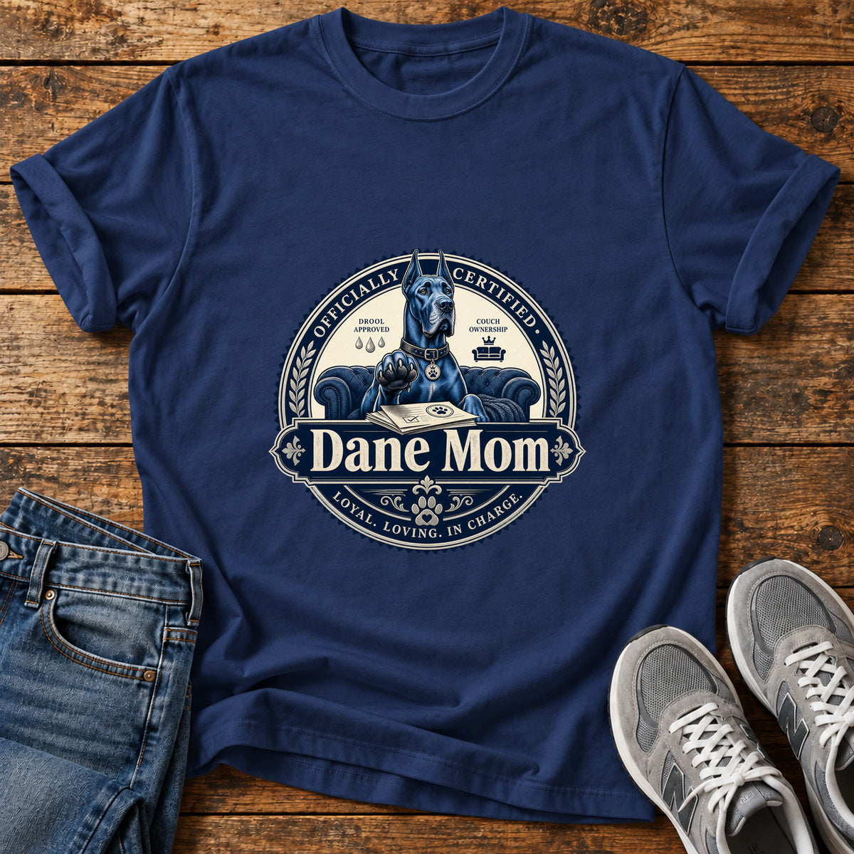 Dane Mom Great Dane graphic T-shirt in Navy, shown on a flat-lay shirt mockup