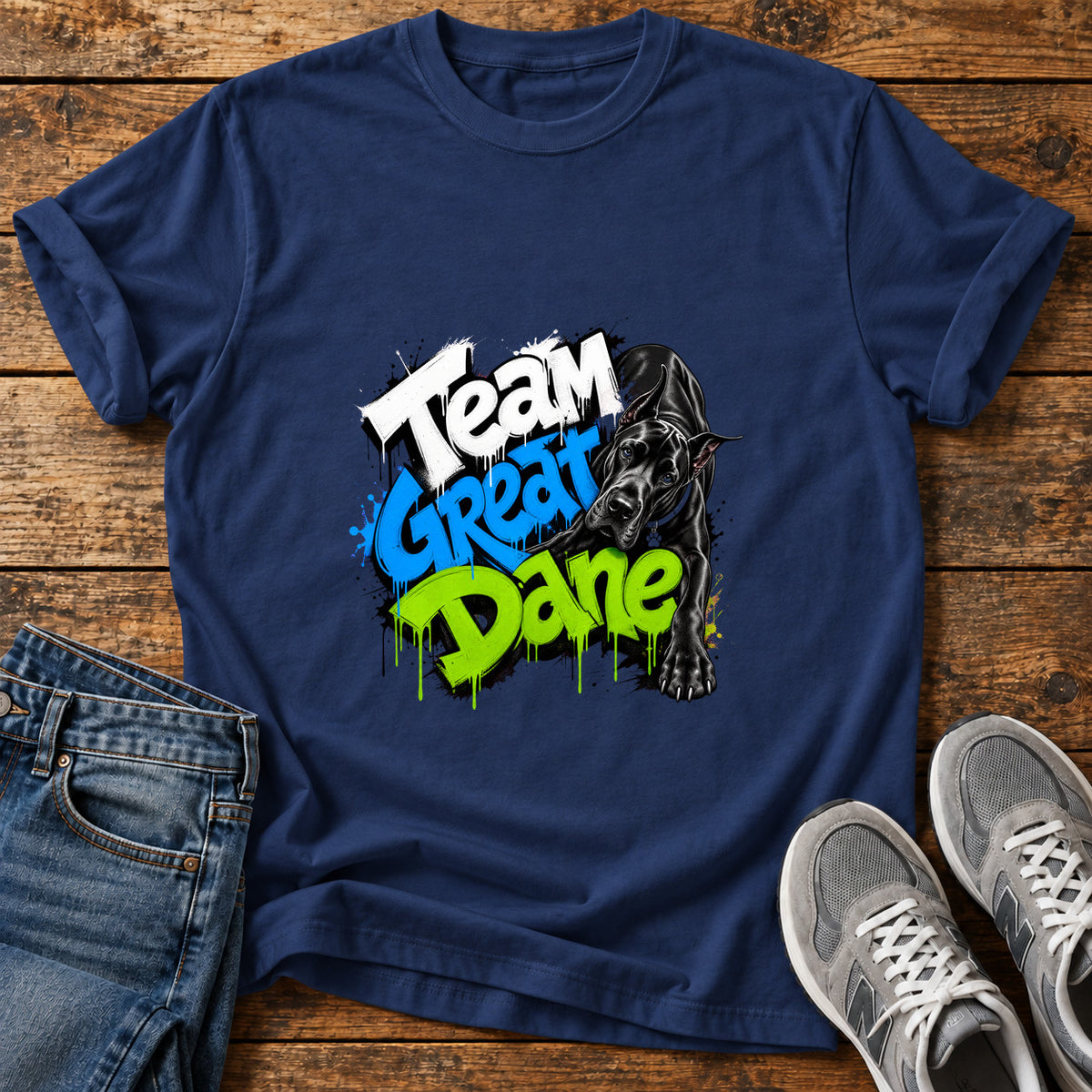Team Great Dane graphic T-shirt in Navy, shown on a flat-lay shirt mockup