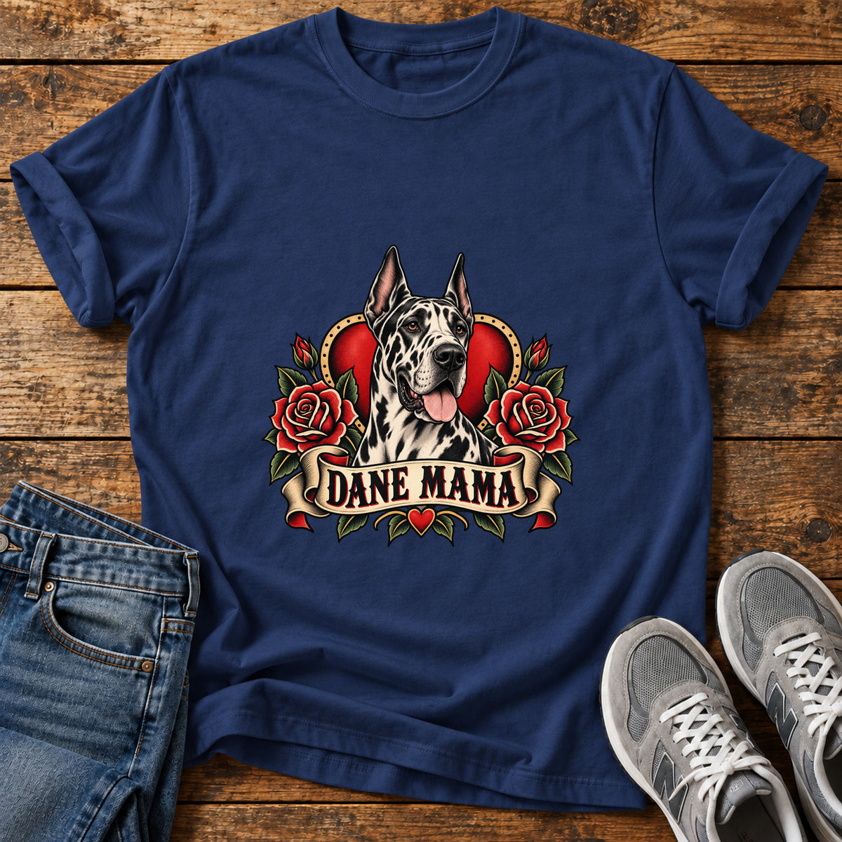 Dane Mama Great Dane graphic T-shirt in Navy, shown on a flat-lay shirt mockup