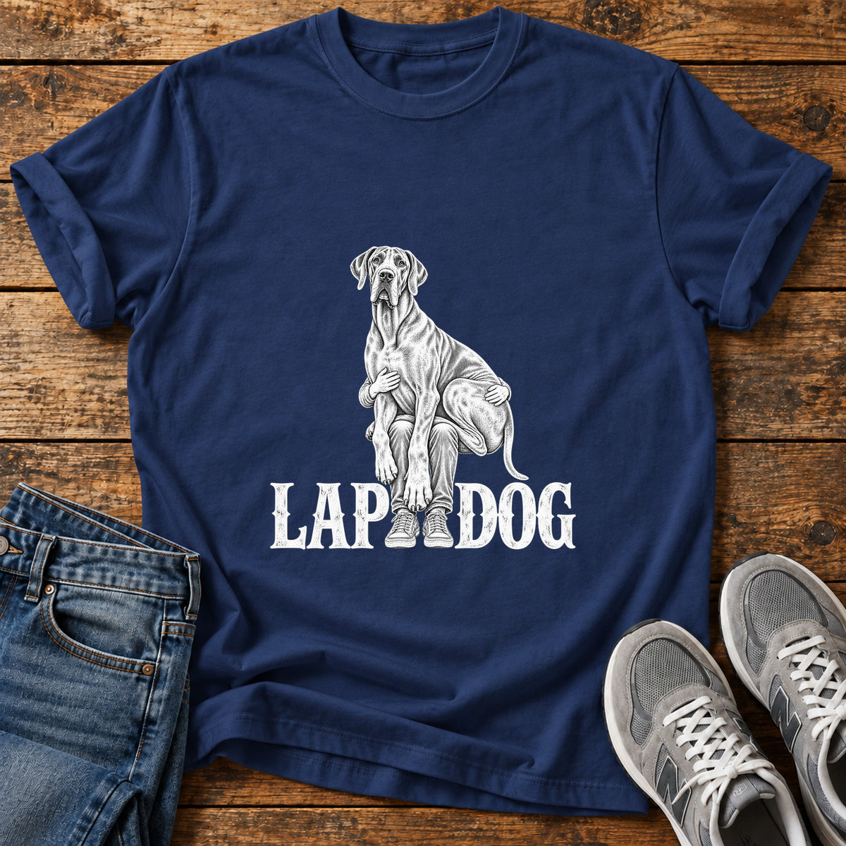 Lap Dog Great Dane graphic T-shirt in Navy, shown on a flat-lay shirt mockup