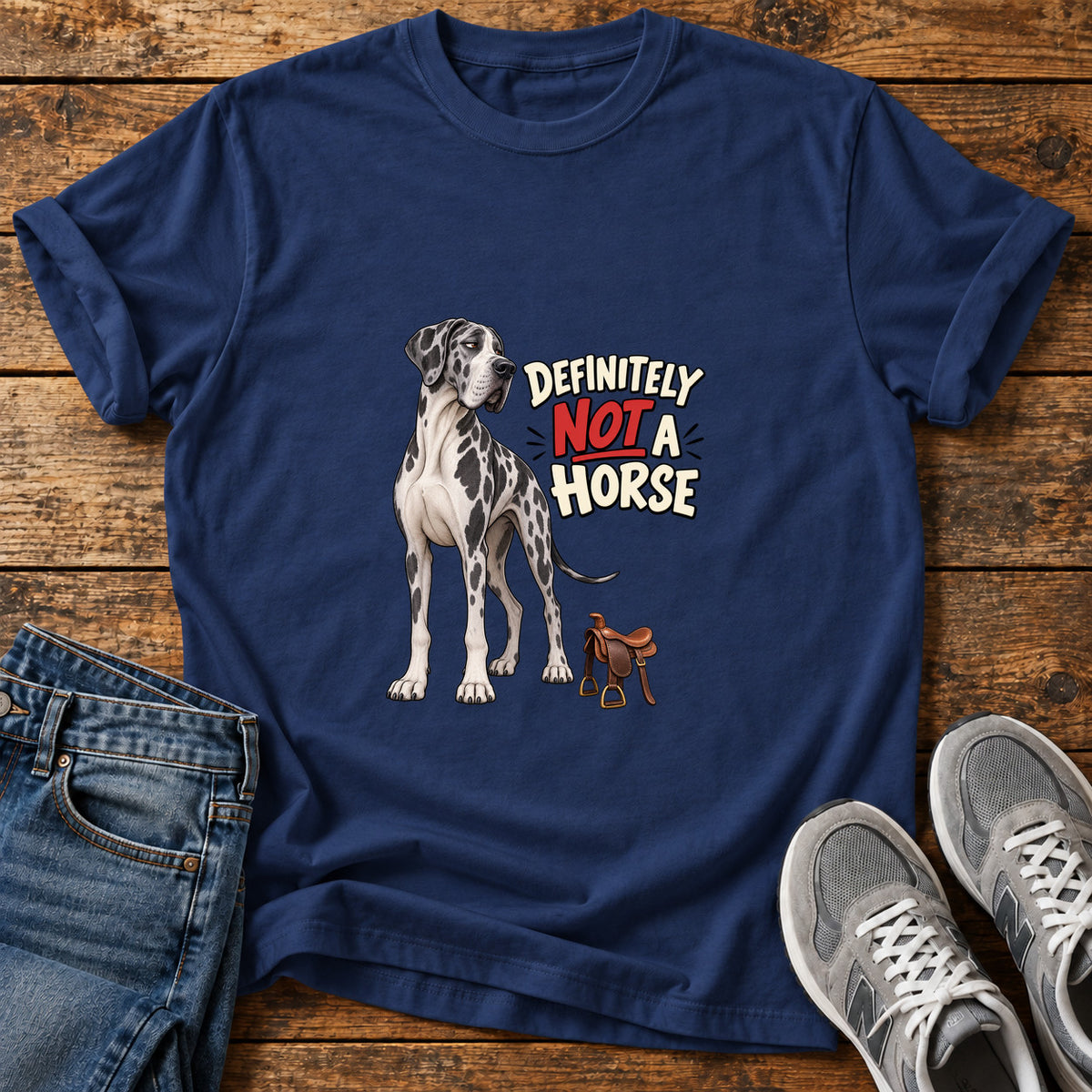 Not A Horse Great Dane graphic T-shirt in Navy, shown on a flat-lay shirt mockup