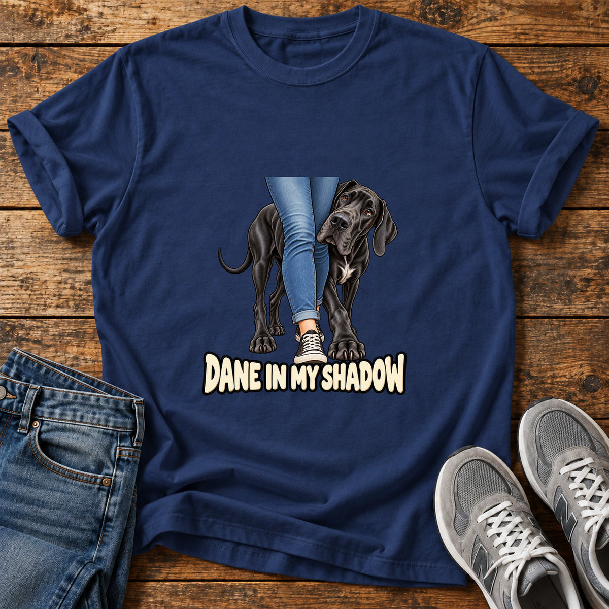 Dane In Shadow Great Dane graphic T-shirt in Navy, shown on a flat-lay shirt mockup