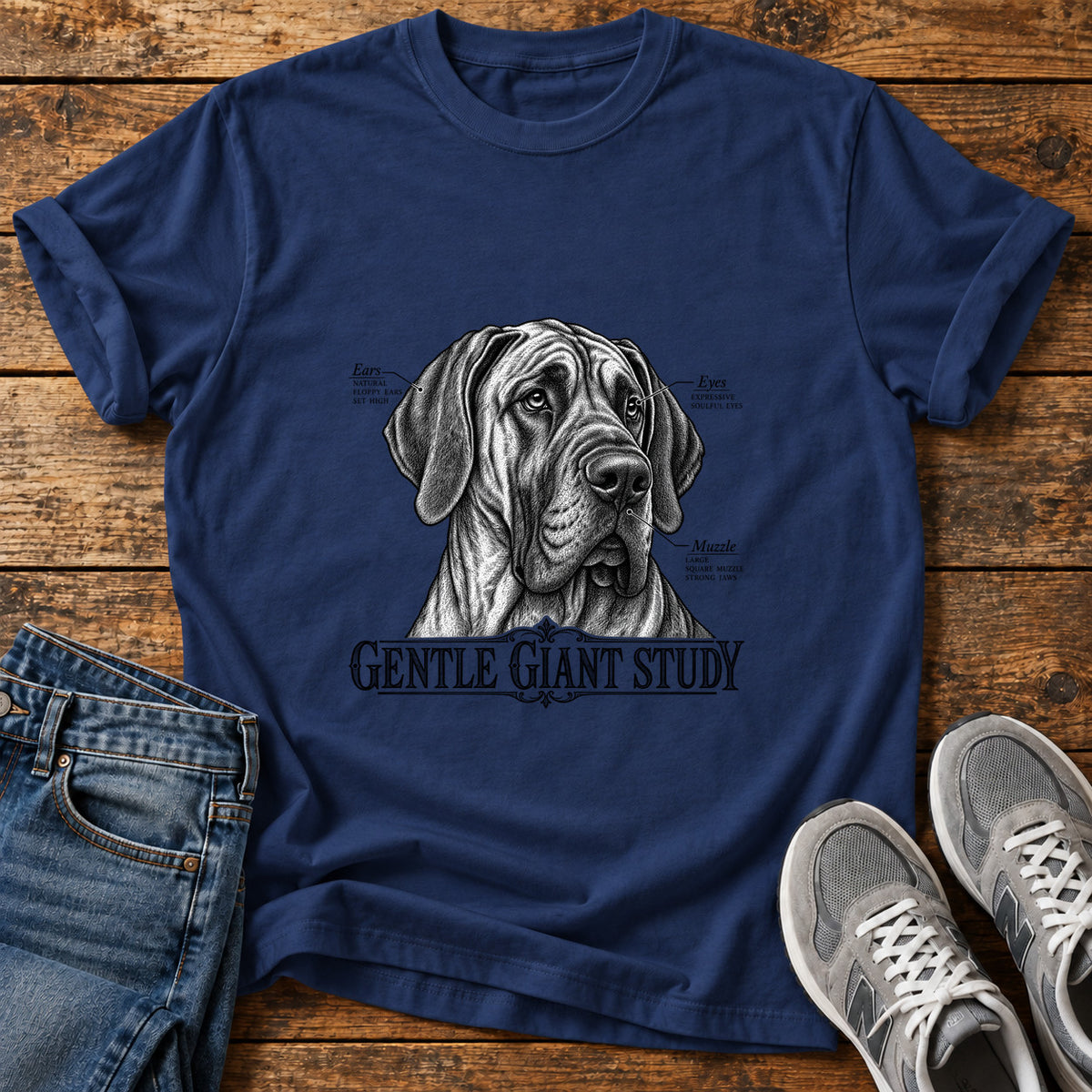 Gentle Giant Study Great Dane graphic T-shirt in Navy, shown on a flat-lay shirt mockup