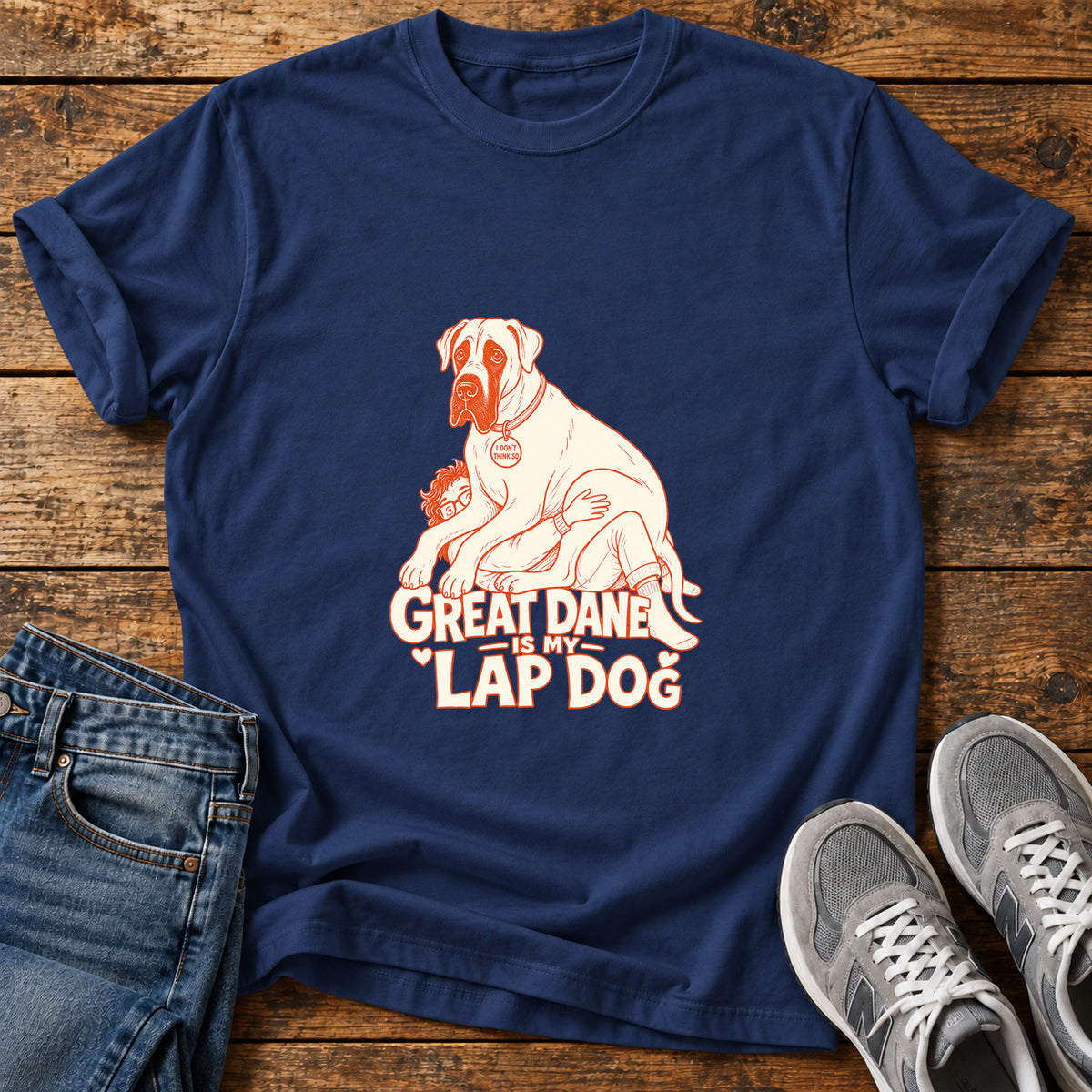 Great Dane Lapdog graphic T-shirt in Navy, shown on a flat-lay shirt mockup