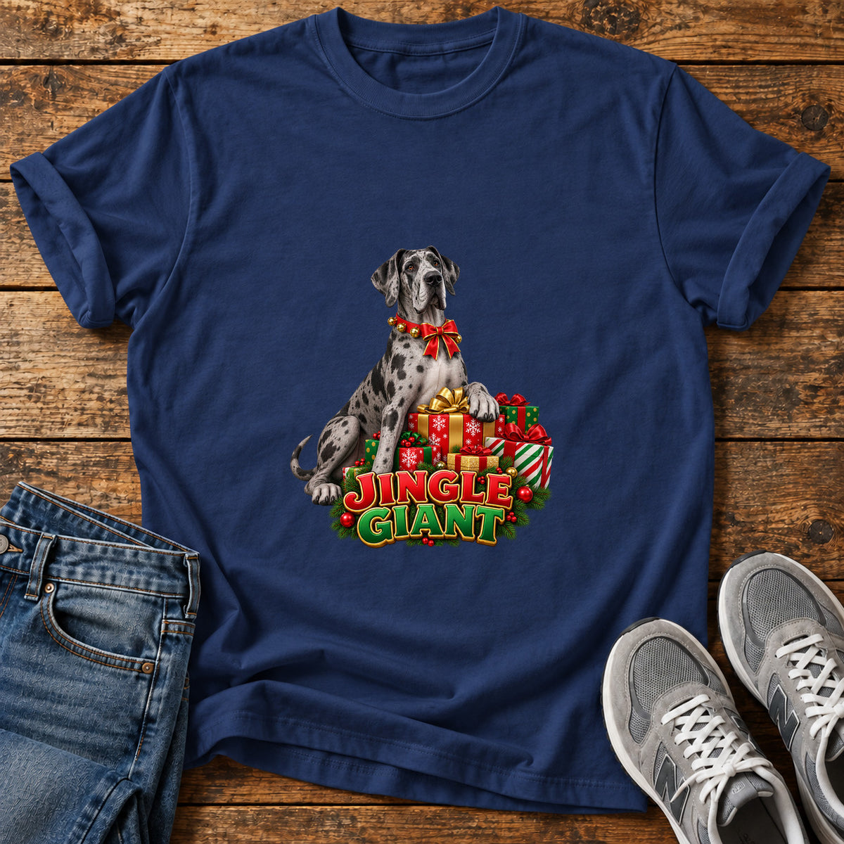 Jingle Giant Great Dane graphic T-shirt in Navy, shown on a flat-lay shirt mockup