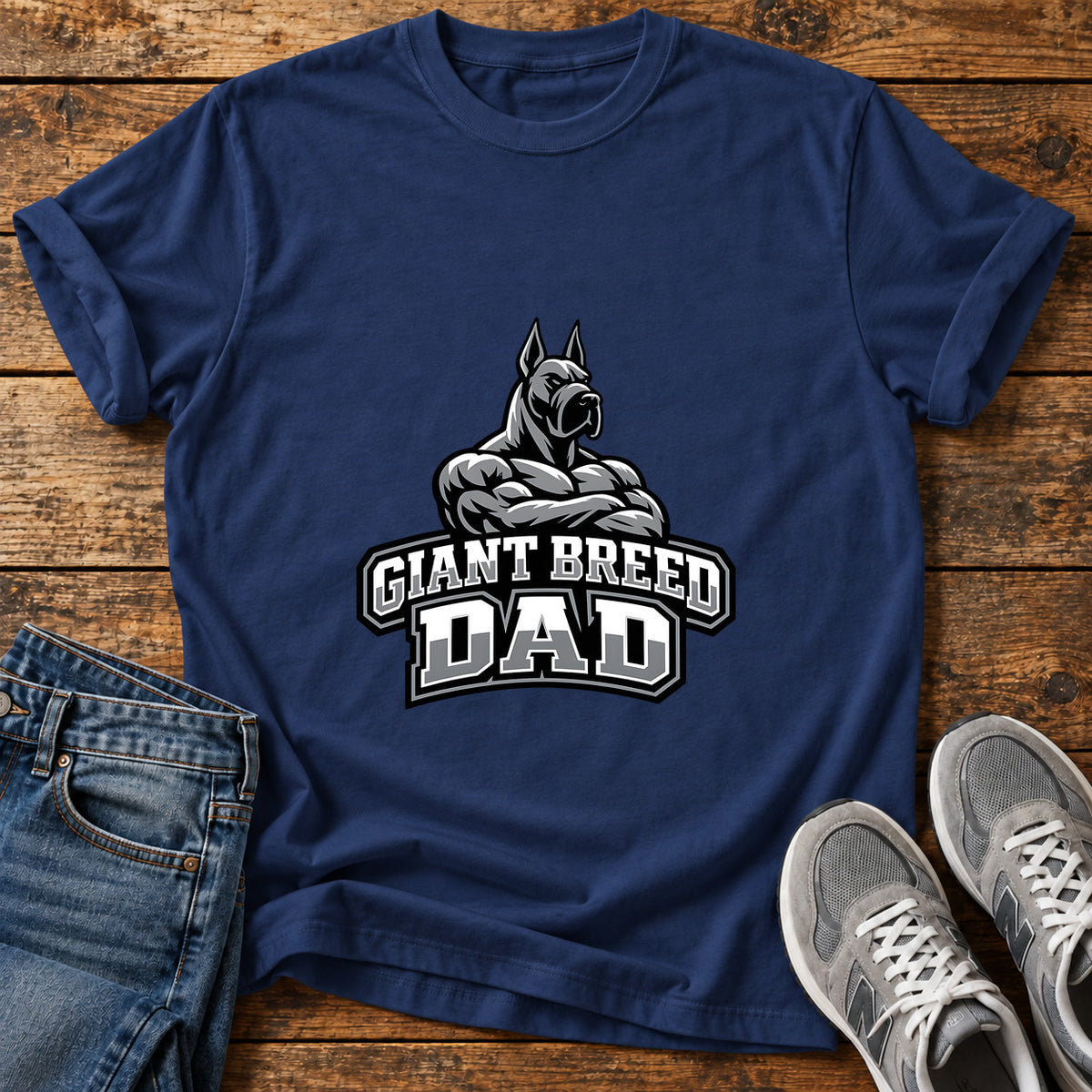 Giant Breed Dad Great Dane graphic T-shirt in Navy, shown on a flat-lay shirt mockup