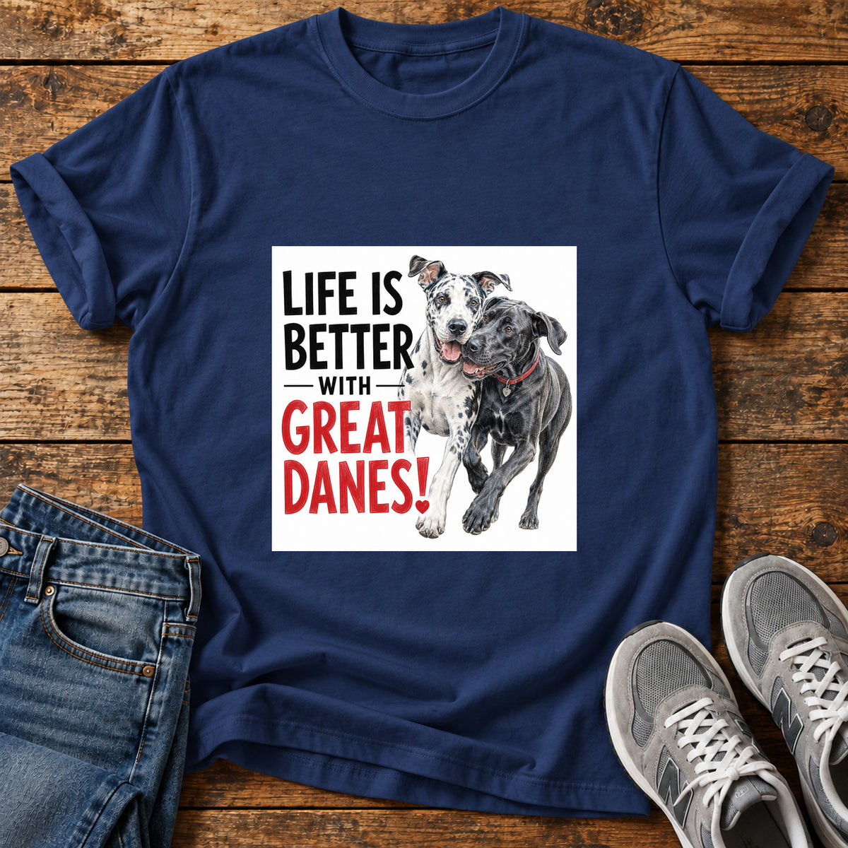 Great Danes Life graphic T-shirt in Navy, shown on a flat-lay shirt mockup