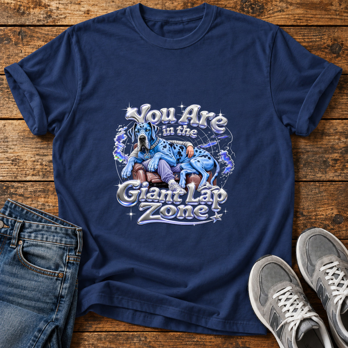 Giant Lap Zone Great Dane graphic T-shirt in Navy, shown on a flat-lay shirt mockup