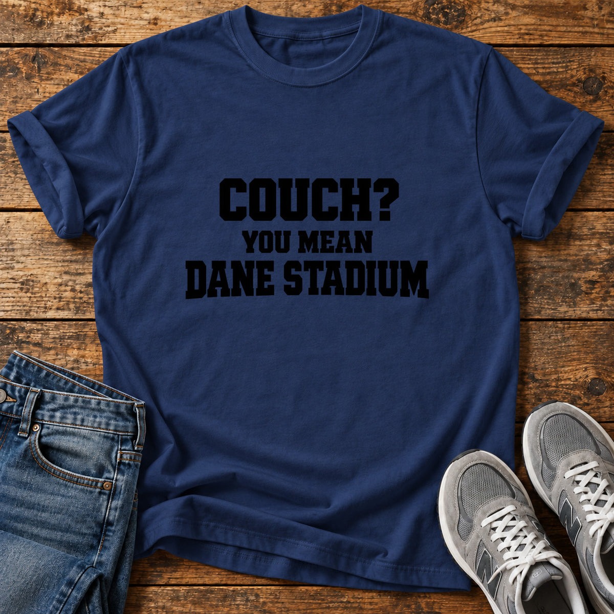 Couch Stadium Great Dane graphic T-shirt in Navy, shown on a flat-lay shirt mockup