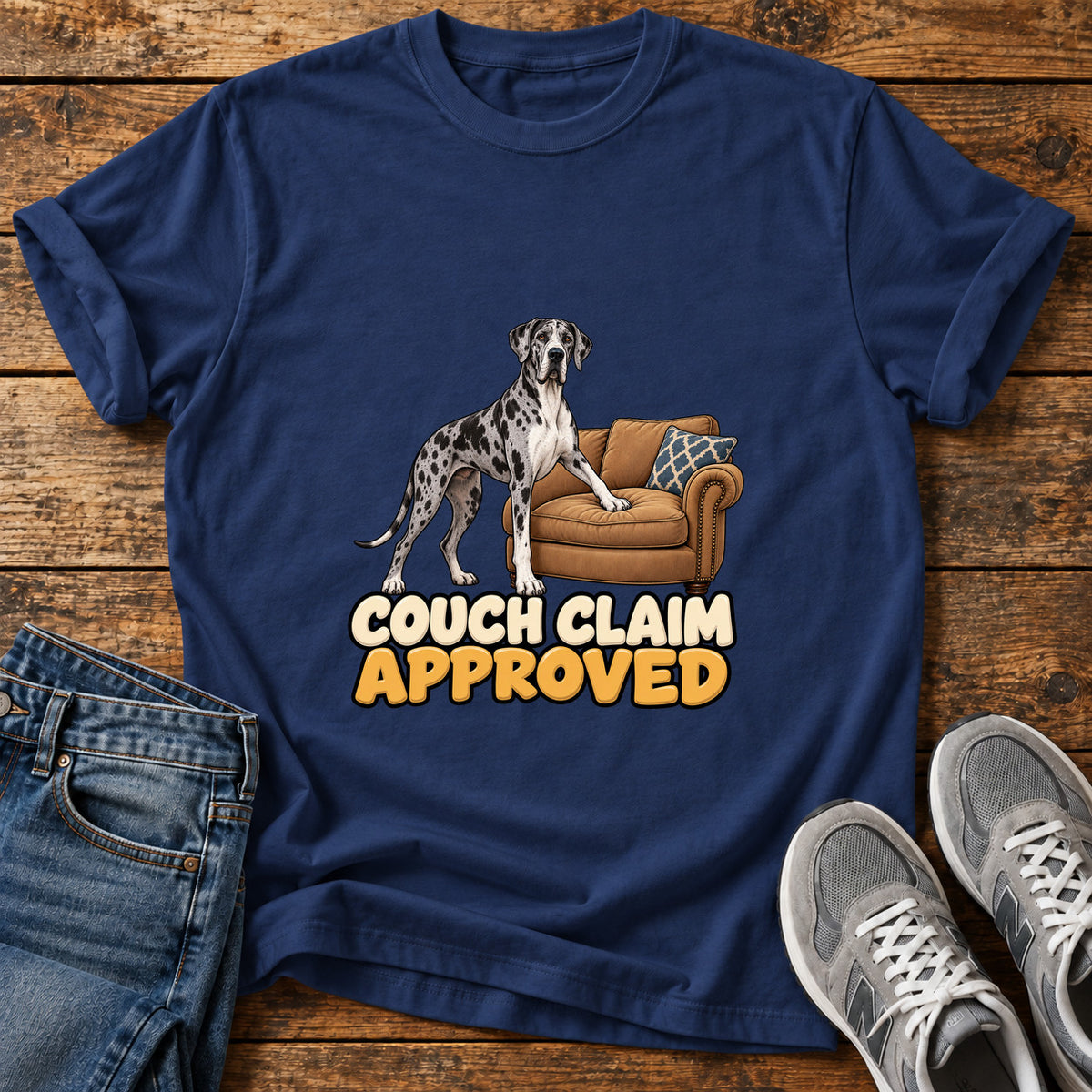 Couch Claim Approved Great Dane graphic T-shirt in Navy, shown on a flat-lay shirt mockup