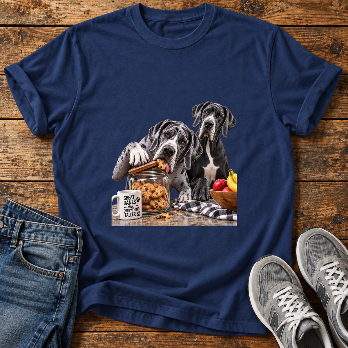 Great Danes Taller graphic T-shirt in Navy, shown on a flat-lay shirt mockup