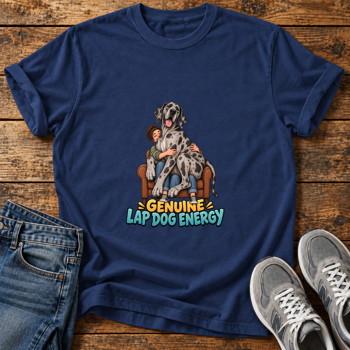 Genuine Lap Dog Great Dane graphic T-shirt in Navy, shown on a flat-lay shirt mockup