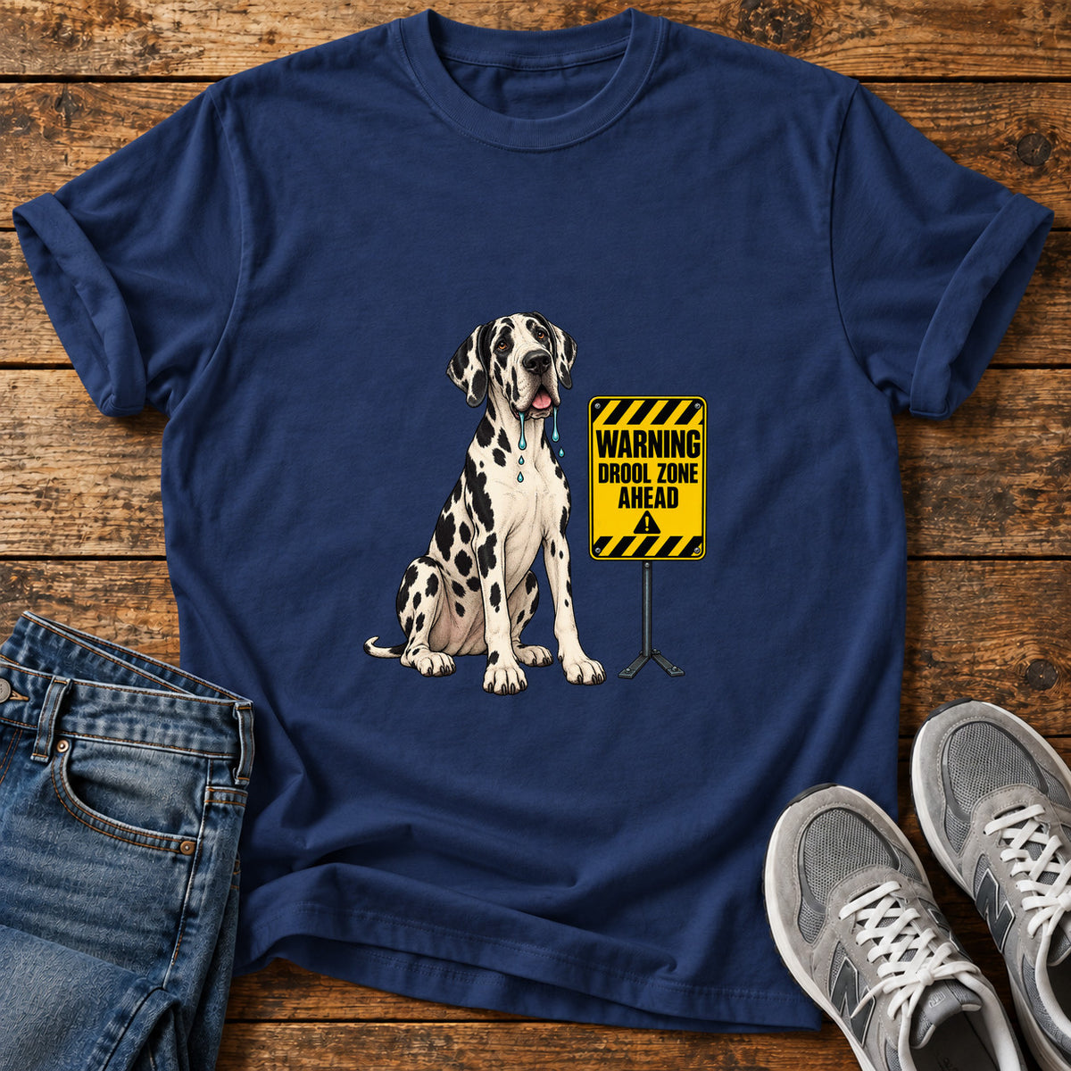 Drool Zone Warning Great Dane graphic T-shirt in Navy, shown on a flat-lay shirt mockup