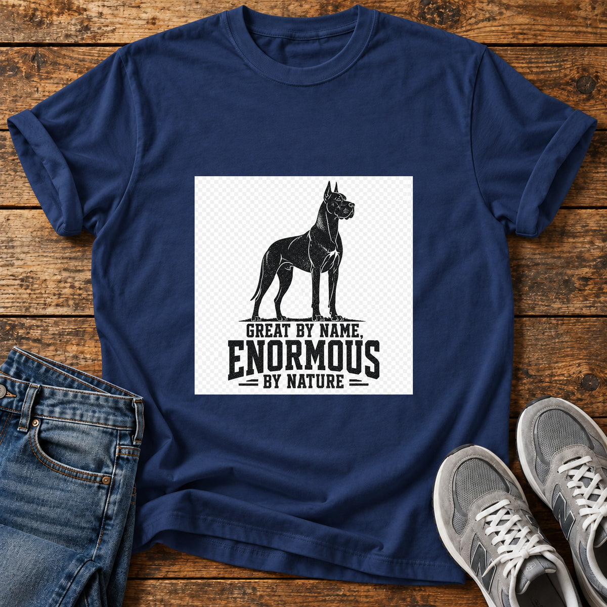 Enormous By Nature Great Dane graphic T-shirt in Navy, shown on a flat-lay shirt mockup