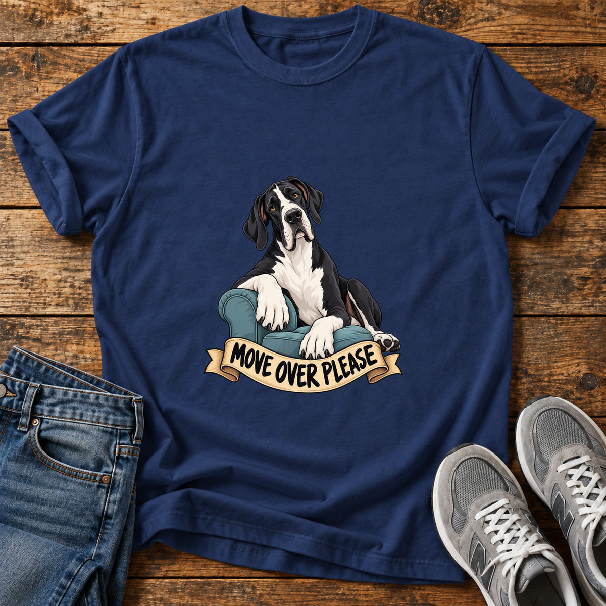 Move Over Please Great Dane graphic T-shirt in Navy, shown on a flat-lay shirt mockup