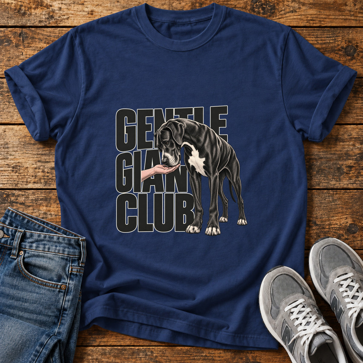 Gentle Giant Club Great Dane graphic T-shirt in Navy, shown on a flat-lay shirt mockup