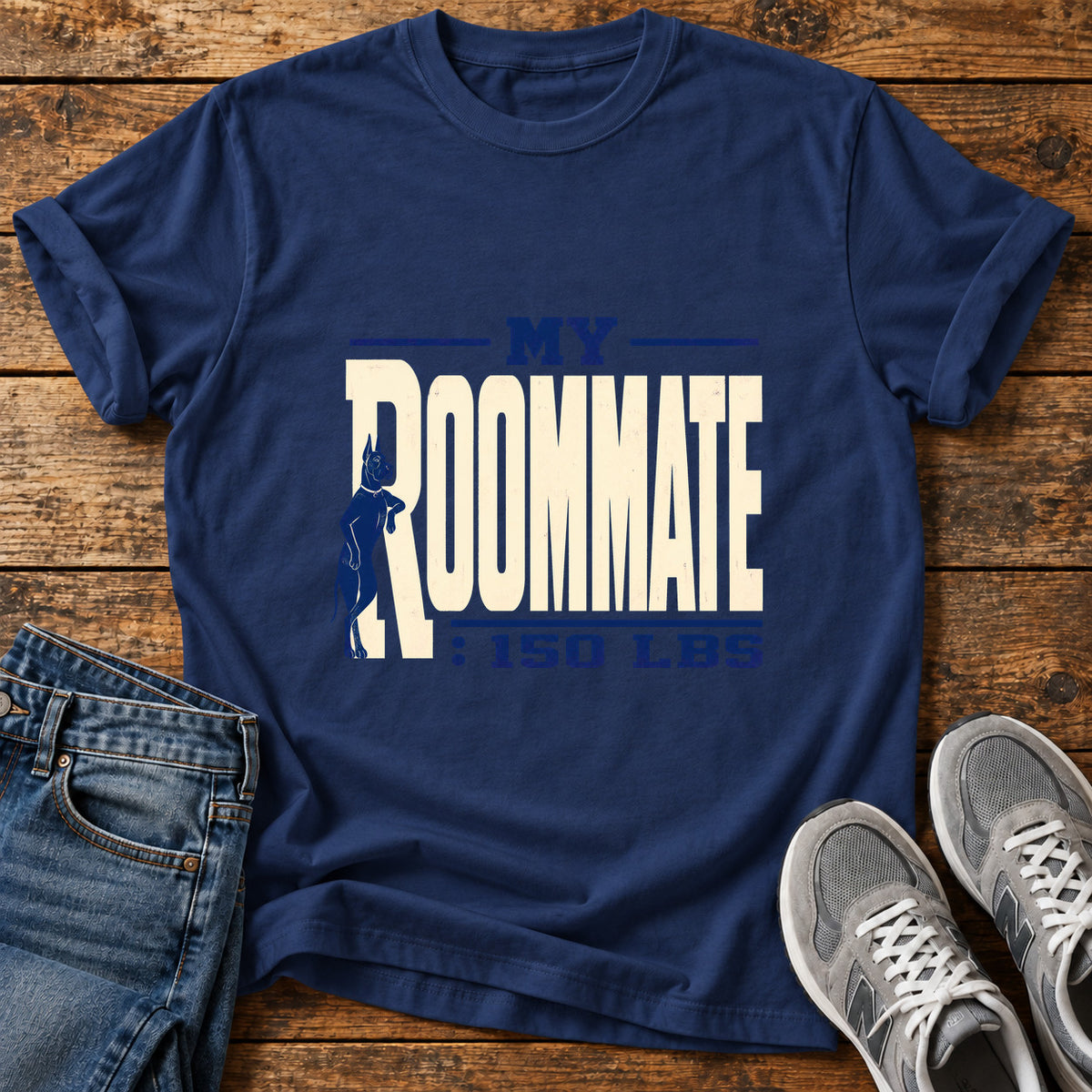 My Roommate Great Dane graphic T-shirt in Navy, shown on a flat-lay shirt mockup