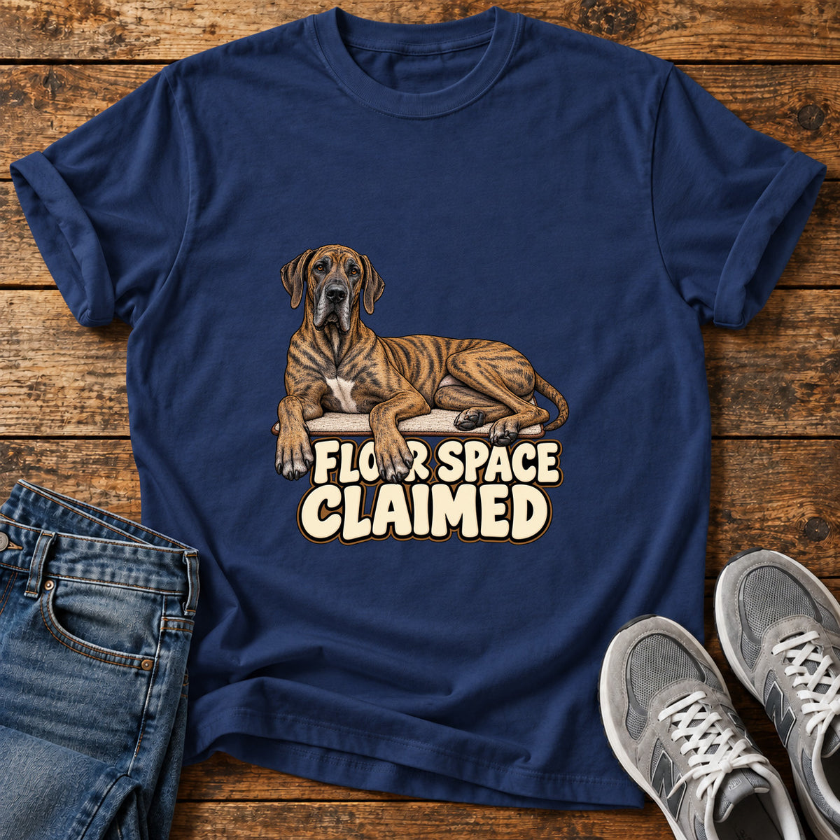 Floor Space Claimed Great Dane graphic T-shirt in Navy, shown on a flat-lay shirt mockup