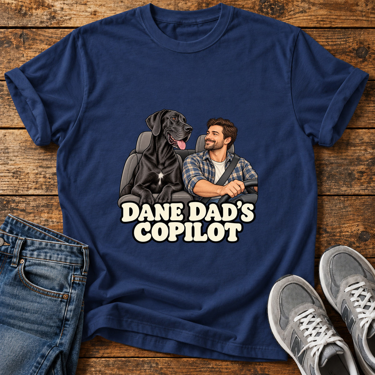 Dane Copilot Great Dane graphic T-shirt in Navy, shown on a flat-lay shirt mockup