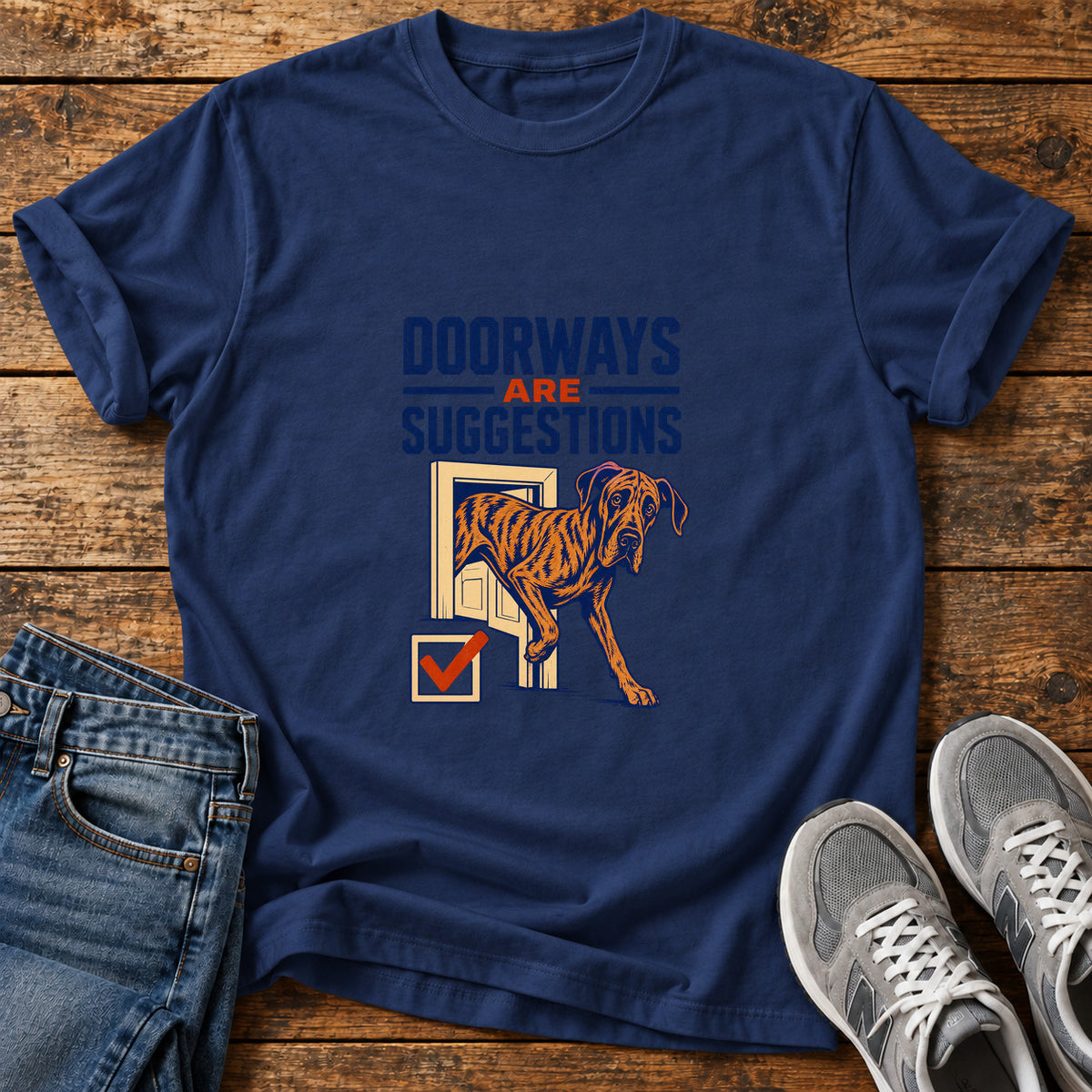 Doorways Suggestions Great Dane graphic T-shirt in Navy, shown on a flat-lay shirt mockup
