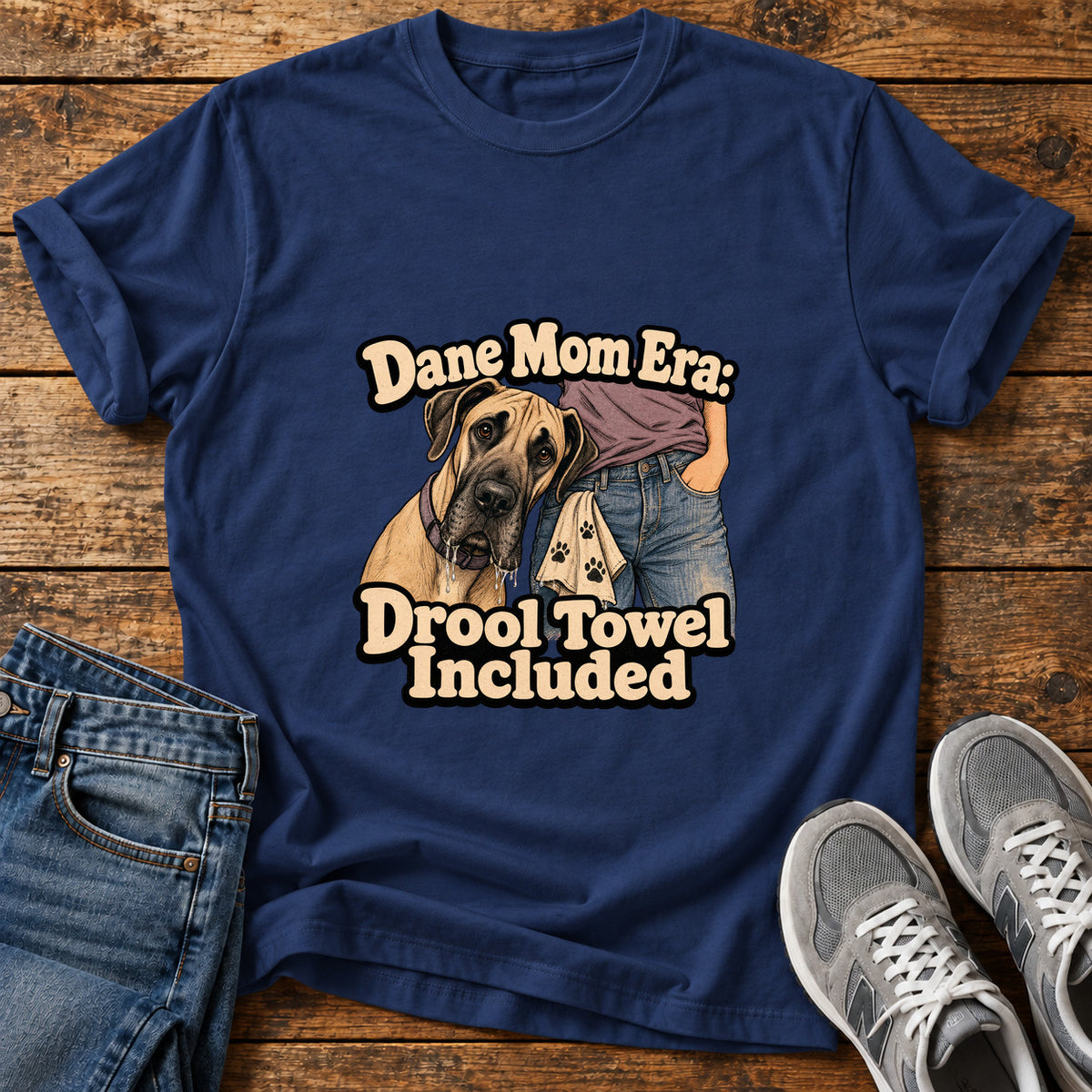 Drool Towel Included Great Dane graphic T-shirt in Navy, shown on a flat-lay shirt mockup